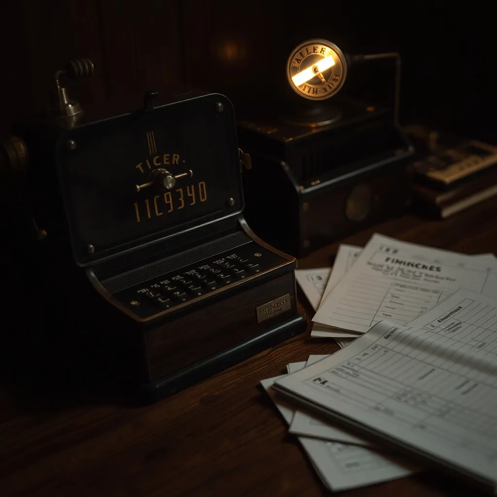 A dark, moody close-up of a vintage ticker tape machine and