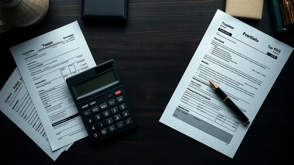 A professional overhead shot of a dark wooden desk with tax