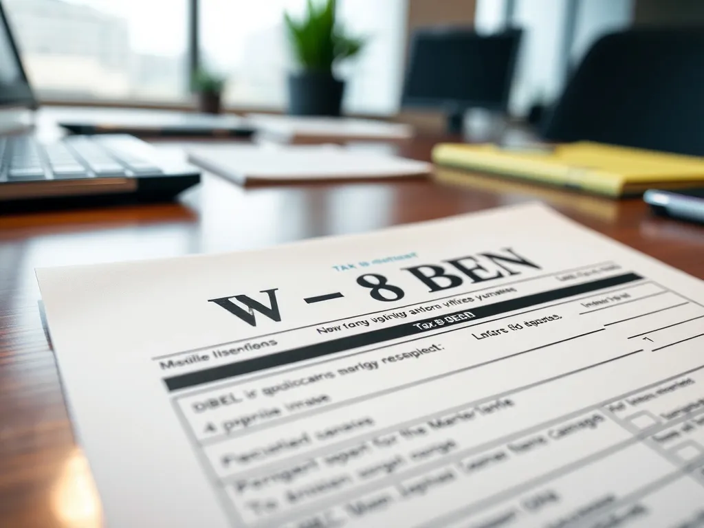 A close up of a W-8BEN tax form on a desk, professional offi
