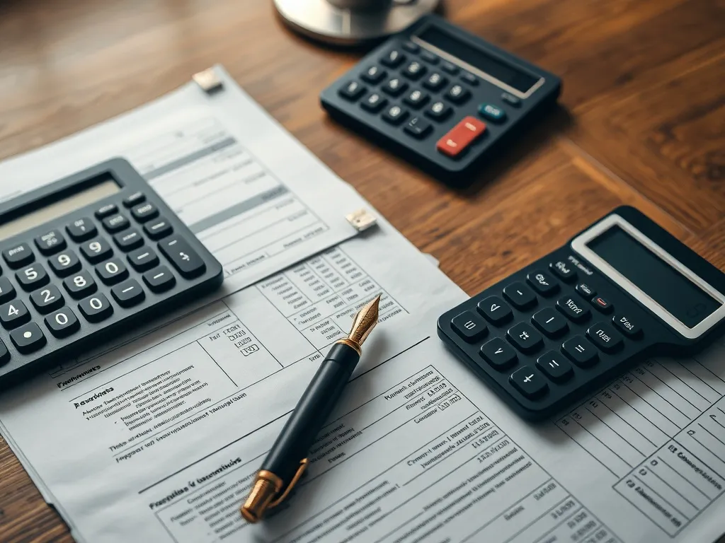 A high-angle professional photograph of financial tax docume